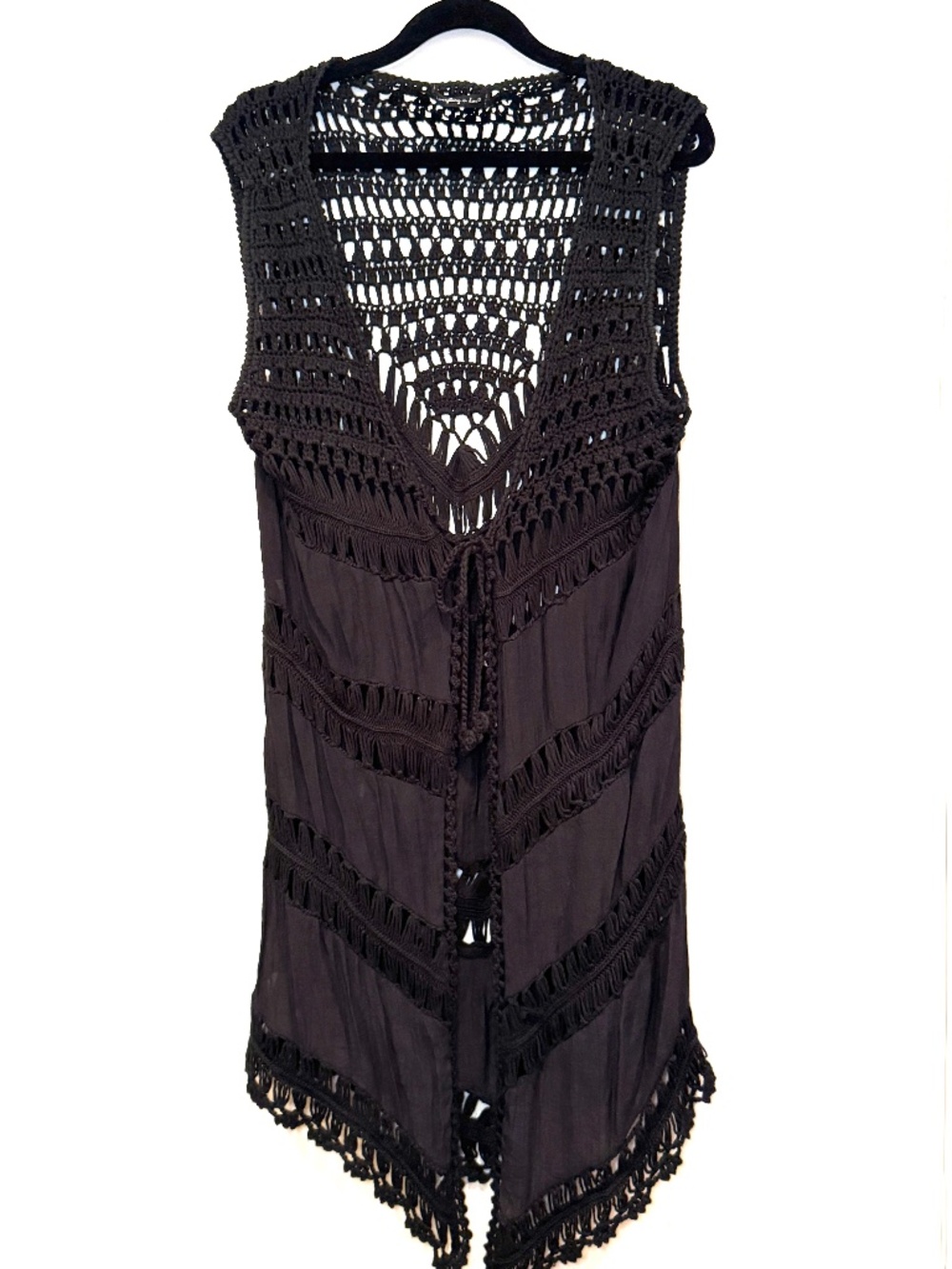 Black Crochet Boho Long Vest Tie Front One Size